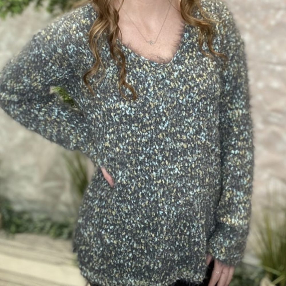 Gray with Green & Blue Confetti Detail V-Neck Sweater Eyelash Fuzzy Knit, Medium